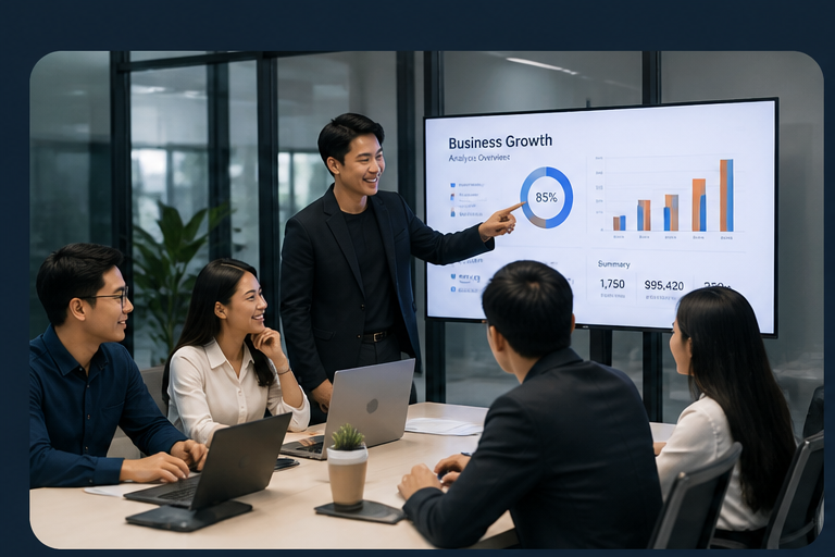 Meeting room with people sitting around a long table, a man standing and presenting in front of whiteboards with charts and diagrams